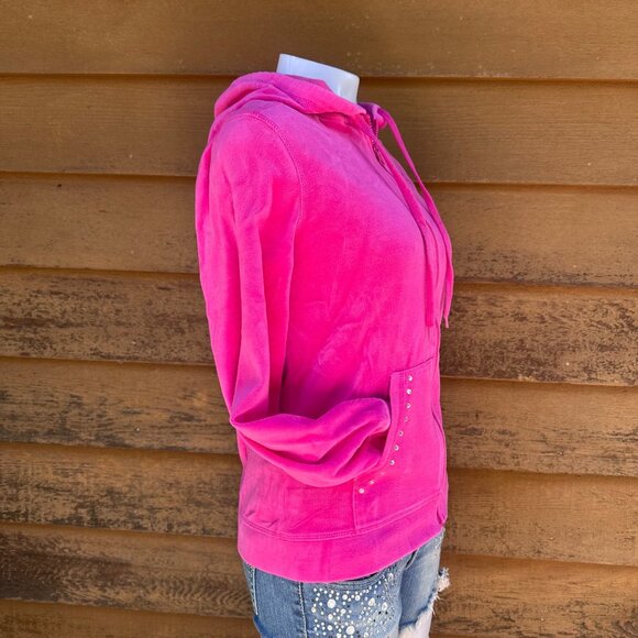 Everlast Sport Pink Velour Zip-Up Hoodie Womens M With Hood & Rhinestone Accents - Picture 8 of 10